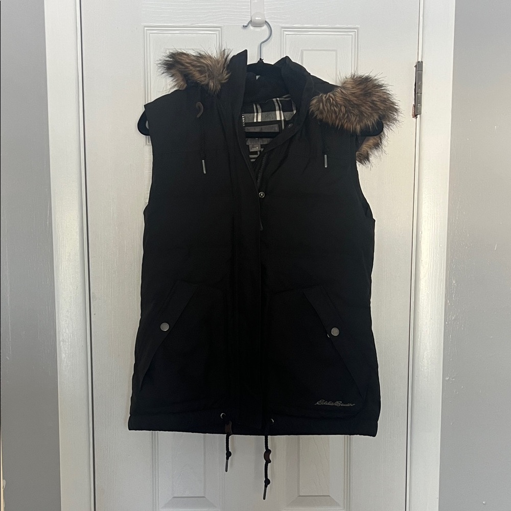 Eddie Bauer Hoodie Black Puffer Vest with Removable Faux Fur - Small